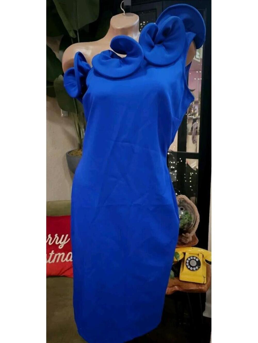 ALBERTO MAKALI Women's Solid Blue One Shoulder Ruffle Midi Dress Size 10 EUC